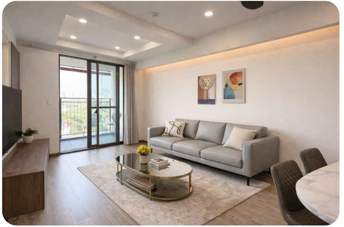 khong gian phong khach rong rai 2 - Giá mua bán căn hộ 2pn view sông chung cư Saigon South Residences Nhà Bè T5/2026